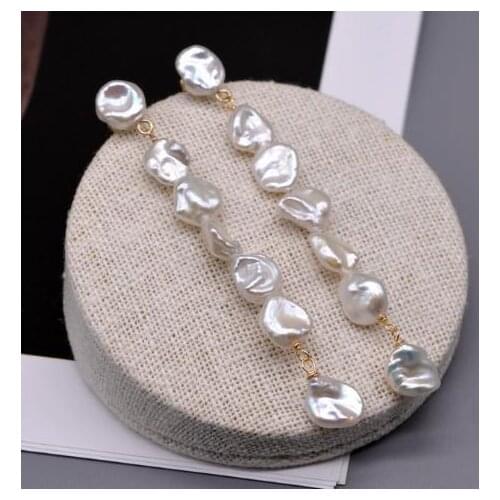 Favorite Pearl Store New Unique Baroque Pearl Gold Color Silver Earring Handmade White Exag Gerated Long Fine Jewelry Women Gift