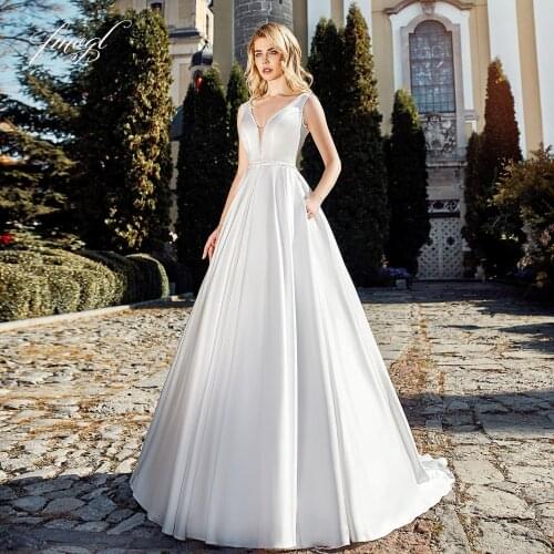 Fmogl Sexy Backless V Neck Matte Satin Princess Wedding Dresses 2020 Luxury Beaded Sashes Sweep Train Vintage A Line Bridal Gown