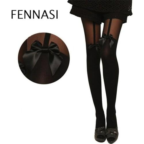 FENNASI Sexy Women Black Tights Stripe Sheer Black Temptation Bow Suspender Stockings Fashion Patchwork Pantyhose Tights Female