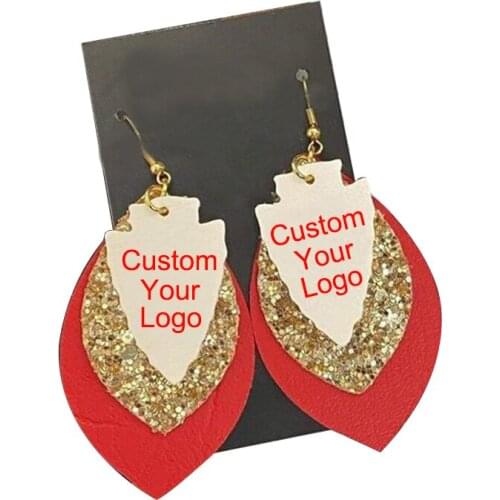 Custom New Football Team Leather Earrings Three Layer Gold Glitter Teardrop Leaf Earrings Fashion