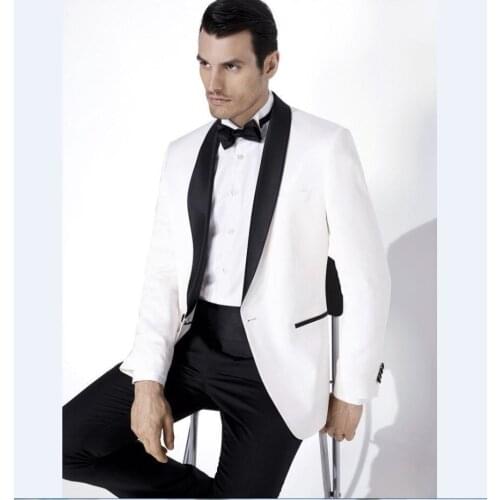 Groomsmen Shawl Satin Lapel Groom Tuxedos White Jacket Black Pants Mens Suits Wedding Best Man (Jacket+Pants+ Bow Tie ) B8228