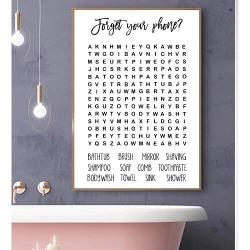 Bathroom Word Search Prints Black White Minimalism Guest Bathroom Sign Wall Art Decor Learning Poster Canvas Painting Picture