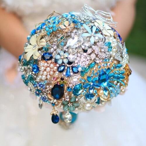 Lake blue brooch bouquet Bridal crystal Wedding Bouquet custom made Creative Blue & Gold Vintage Bride 's bouquets