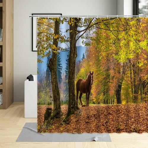 Nature Green Forest Shower Curtain Bird Screen Trees Scenery Ink Wash Bathroom Decor Horse Animal Curtains Polyester Waterproof