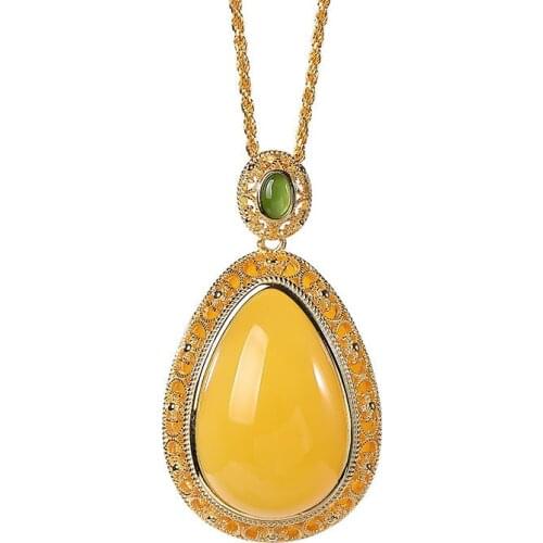 S925 sterling silver gold plated Natural Amber Beeswax Pendant Personality Temperament Drop-shaped Ladies Sweater chain