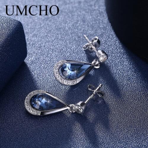 UMCHO Blue Real 925 Sterling Silver Earrings Gemstone Created Nano Crystal Stud Earrings For Women Birthday Gift Fine Jewelry