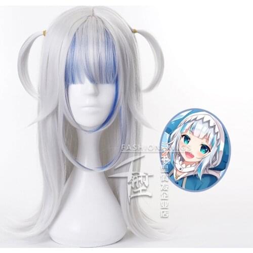 Hololive Gawr Gura Cosplay Wig Gawr Gura Long Hair Cosplay Anime Hololive White Mixed Bule 60CM Women Hairpiece