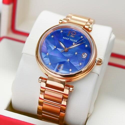 Reef Tiger/RT New Design Luxury Stainless Steel Blue Dial Automatic Watches Women Rose Gold Steel Strip Watch RGA1584
