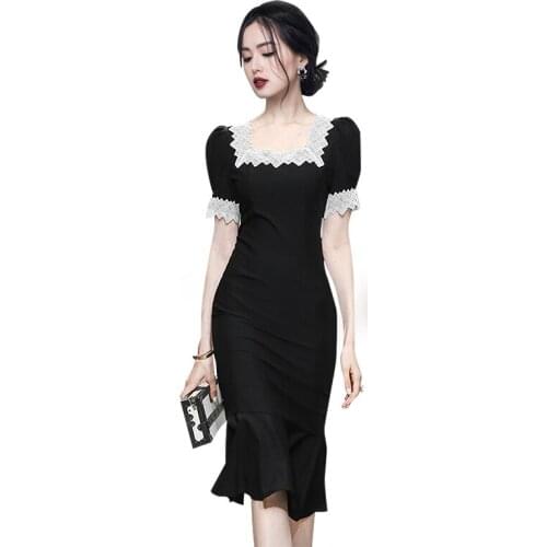Black maxi tight Dress one piece korean ladies Summer Short Sleeve lace cabaret Party bodycon formal Dresses for women