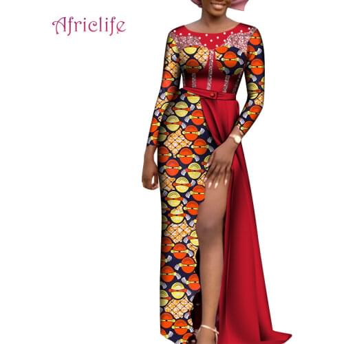 Long Sleeve Elegant Lady Dress African Print Clothes Fashion Patchwork Plus Size Party Wedding Clothing with Pearls WY8918