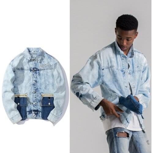 ERENEJIAN Mens Hi Street Hip Hop Denim Trucker Jacket Fashion Streetwear Jeans Coat Big Pockets Light Blue Outerwear Tops