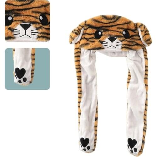 Cute Warm Fluffy Hat Tiger Shaped Costume Hat for Chily Winter with Ears Moving Achieved by Pinching Paws