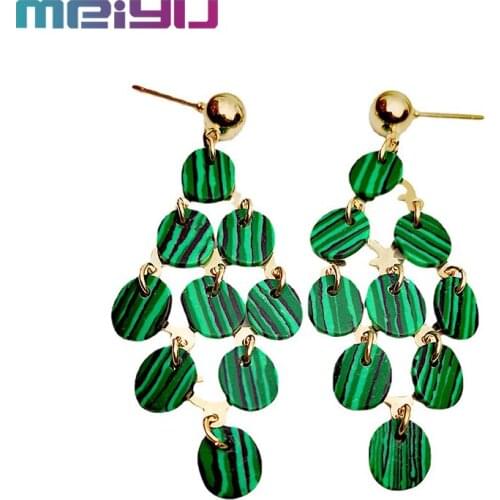 Fashion Dynamic Malachite Earrings Gold Plated Exaggerated Geometry Aesthetic Tassel Ear Studs for Women National Style Jewelry