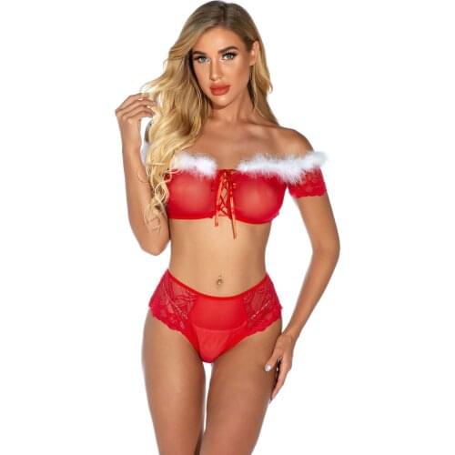 Christmas New Sexy Bra Set Womens Erotic Lingerie Sexy Lace Fan-shaped Trim See-through Backless Sling Sleepwear