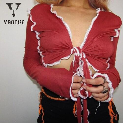 Bodycon Shirt Women Clothes Autumn New Fashion Sexy Casual Tight V-neck T-shirt Woman Bump Wave Edge Long-sleeved Top for Female