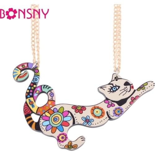 Bonsny Cat Necklace Acrylic Pattern 2017 News Collar Pendant Accessories Animal Fashion Jewelry Famous Brand Unique