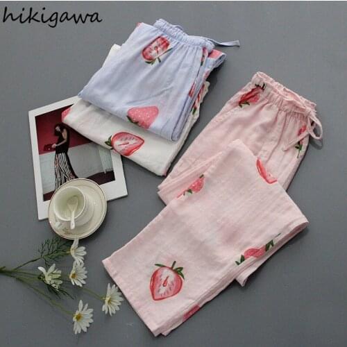 Hikigawa Sleepwear Women Japanese New Bottoms Summer Thin Cotton Pants Womes Japanese Sweet Pajamas Trousers Nightwear 97688