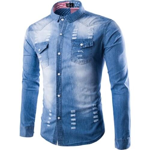 2019 Super Fashion Mens Jeans Long Sleeve Shirts Denim Slim Printed Mens Shirts Hip Hop Casual Distrressed Ripped Cargo Shirts