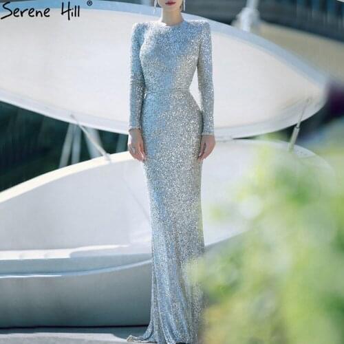 Serene Hill Dubai Silver Long Sleeves Evening Dress 2020 O-Neck Sparkle Mermaid Formal Party Wear Gown Design CLA70690