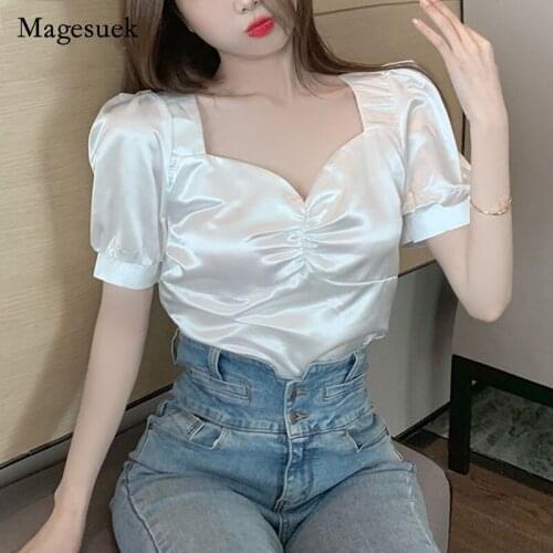 Satin Shirt Womens French Style Retro Square Collar Short Sleeve Womens Silk Shirt Clavicle Top Super Short Street Shirt 14639