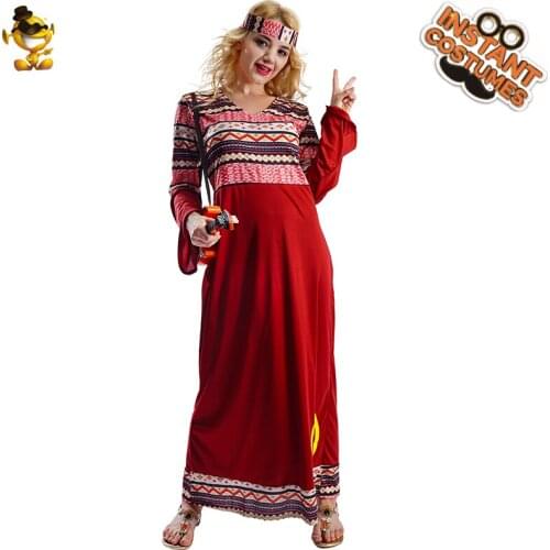 Adult Womens Carnival Role Play Flower Power Hippie Lady Costumes Cosplay 60s 70s Retro Hippy Outfits with Headpiece