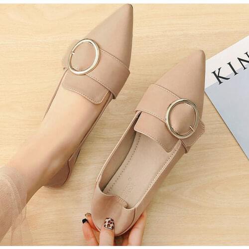 Pointed Toe New Korean Version Shallow Metal Buckle Leather Female Shoes 41 42 43