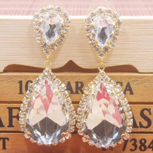 Fashionable clear rhinestone dangling earring drop shape crystal women earring fashion jewelry yellow/blue/red stone earrings