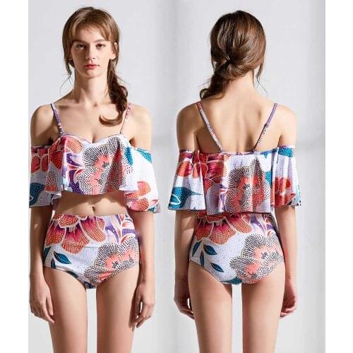 Womens Two Piece Swim Suits Retro Ruffle Printed Off Shoulder Slimming High Waisted Tummy Control Swimsuit Bathing Suit Bikini