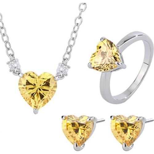 2021 New Trend Vintage Heart Citrine Gemstone Necklace/earrings/ring Party Engagement Set Elegant Wedding Fine Jewelry For Women
