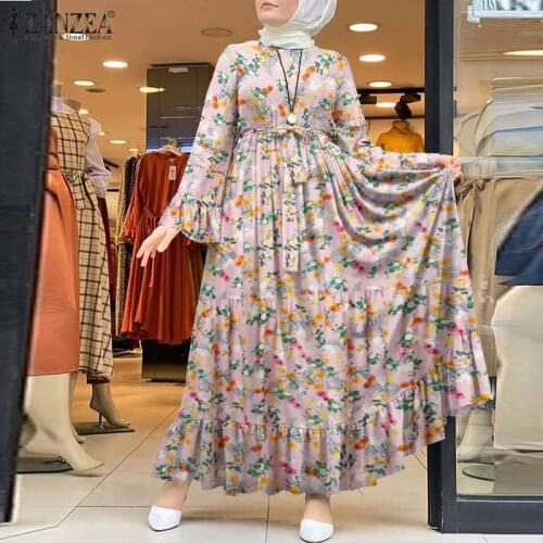 2021 ZANZEA Kaftan Flroal Dress Womens Sundress Muslim Printed Vestidos Female Casual Marocain Turkish Robe Femme Ovesized