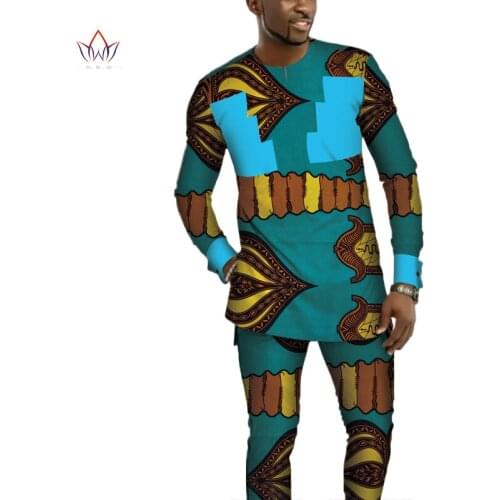 African Design Clothing Bazin Riche Men 2 Pieces Pants Sets African Clothes Casual Men Long Top Shirts and Pants Sets WYN642