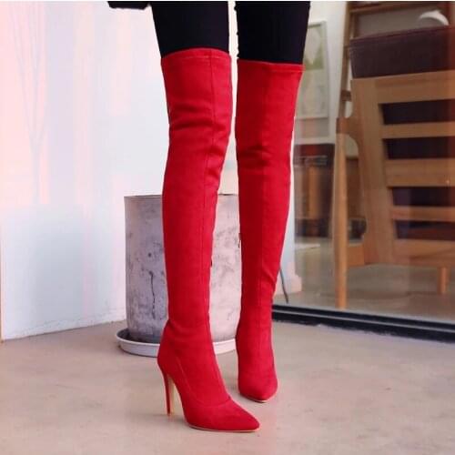 Faux Suede Stretch Thigh High Boots Sexy Elastic Slim Over the Knee Boots Womens Fashion High Heels Black Red Fetish Long Shoes