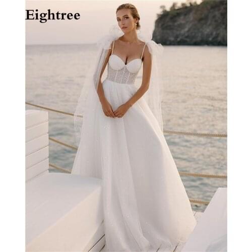 Eightree Glitter Long Sleeveless Beach Wedding Dresses Sequine Spaghetti Straps Sweetheart Pleated Princess Sparkly Bridal Gowns