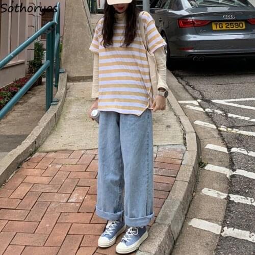 Women Jeans Solid Wide Leg Loose Korean Style Straight Simple Button Denim Students Fresh All-match Chic Daily Leisure Trendy