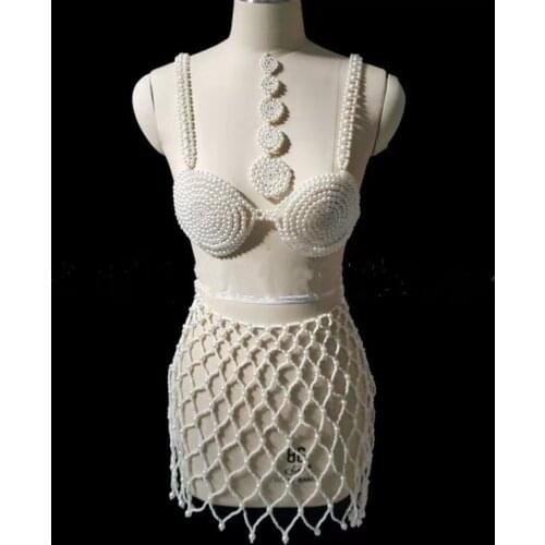 Sexy pearl woven handmade waist chain necklace earrings set pearl bikini Bohemian dress performance accessories for women jewelr