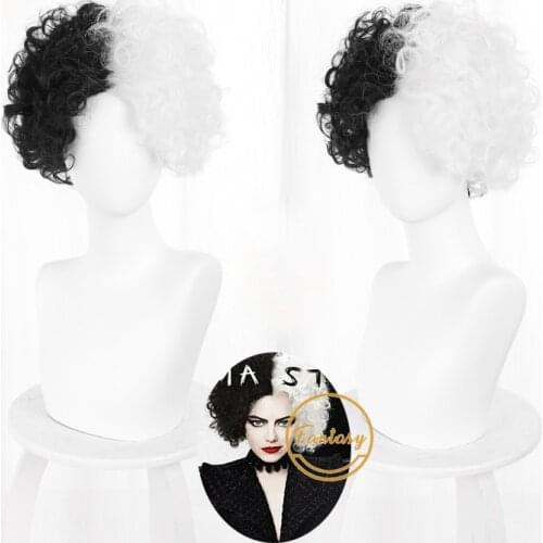 Cruella De Vil Cosplay Wig Women Cosplay White Black Wig Heat Resistant Synthetic Wig Halloween Party+ Free Wig Cap