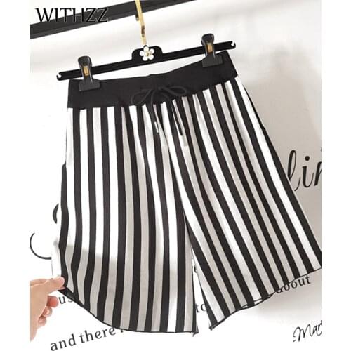 WITHZZ Summer Women Straight Retro Stripe Shorts Knit High Waist Female Loose Casual Shorts