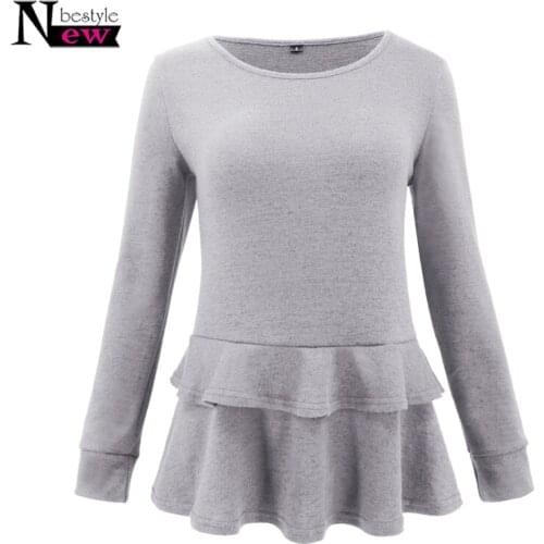 Fashion Elegant T Shirt Women Ladies O-Neck Flounce Long Sleeve Solid Blusas Casual Loose Tops Flouncing Pullover camiseta mujer