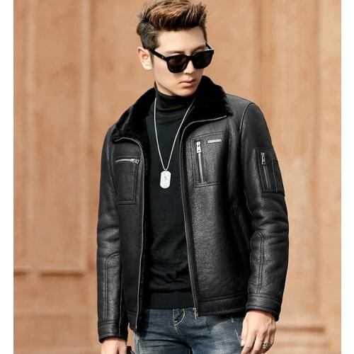 Winter Genuine Leather Jacket Men Sheep Shearling Mens Real Fur Coat Sheepskin Leather Coats Veste Cuir Homme 4907 KJ3639
