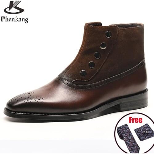 Phenkang Men Winter Boots Genuine Cow Leather Celsea Boots Brogue Casual Ankle Flat Comfortable Quality Soft Handmade Brown