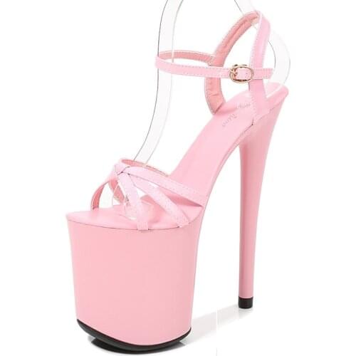 Sexy word buckle sandals women 2020 summer new Patent Leather 20CM Thin High Heels Open Toed waterproof platform shoes woman