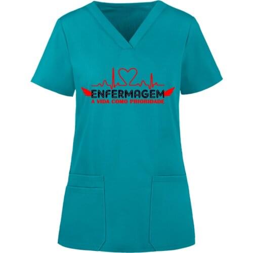 Love Print Nurse Uniform Scrubs Women Short Sleeve V-neck Plus Size Tops Working Uniform Solid Color Pocket Nurse Accessories