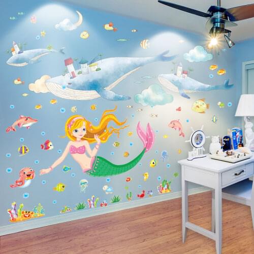 [shijuekongjian] Mermaid Girl Wall Stickers DIY Whales Fish Wall Decals for Kids Room Baby Bedroom Bathroom House Decoration