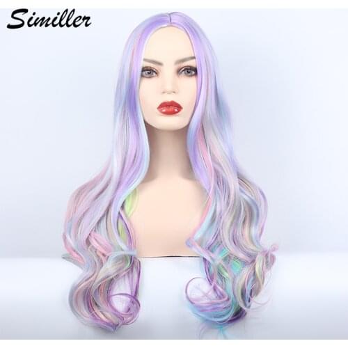 Similler Long Wavy Wig with Highlights Cosplay Synthetic Wigs for Women Heat Resistant Middle Part Rainbow Wig