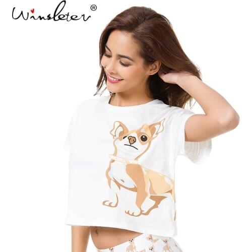 Cute T shirt Women Chihuahua Print Sleep Top Crop Tops Dog Summer Loose Tops Short Sleeve Plus Size S-XXL Cotton Pajamas T61013