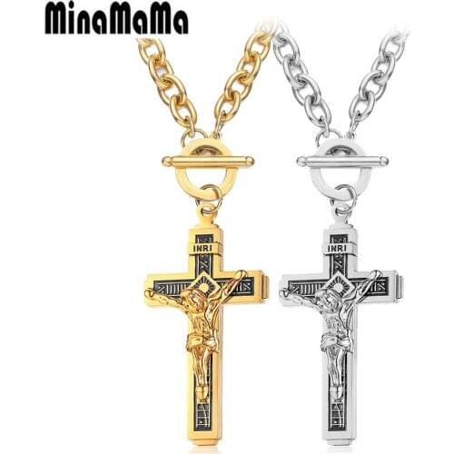 Stainess Steel Thick Chain Jesus Chokers Necklace For Woman Men Cross Pendant Necklace Religious Catholic Jewelry
