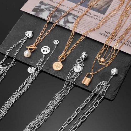 Vintage Multi-layer Coin Chain Choker Necklaces For Women Gold Silver Color Fashion Heart Lock Pendants Chain Necklace Jewelreyy