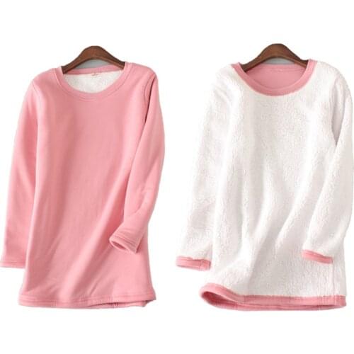 Winter Lady Thick T Shirt Long Sleeve Warm Women T-Shirt Lamb Fleece Inside Comfy Undershirt Thermal O Neck Autumn Tees Top