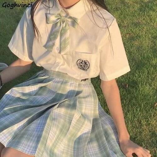 Women Sets Summer Short Sleeve Embroidery Bow Shirts Plaid Mini Pleated Skirts Sweet Students 2 Pecs Kawaii Preppy Style JK Suit