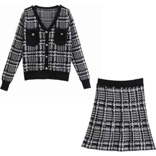 Houndstooth Fashion Knitted Sweater Skirt Two piece set Womens Casual Single-breasted Pullover Knit Tops and A-line Skirts Sets